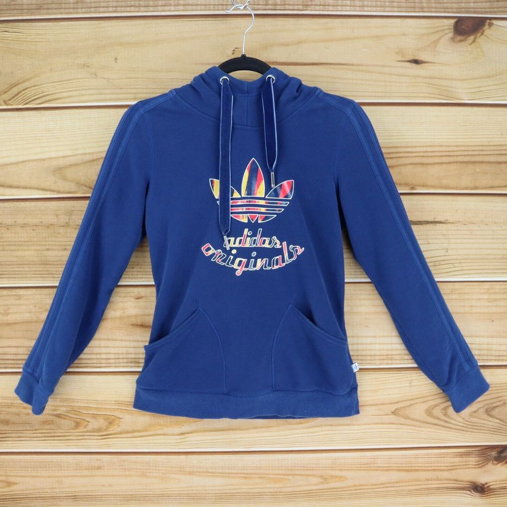 Adidas Hoodie Womens Size S Blue Cotton Blend Pockets Stretch Drawstring